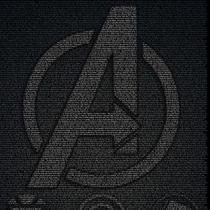 May include: Dark grey graphic print featuring the Avengers logo and character symbols, made up of small text. The symbols include the Avengers logo, Captain America's shield, and others. The text is in a light colour against a dark background.