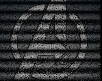 May include: Black graphic art print featuring the Avengers logo and character symbols, composed of small text. The symbols include the Avengers logo, Captain America's shield, and others. The text is in a light color against a dark background.