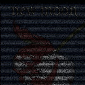 May include: A dark blue graphic featuring the word "new moon" in white letters at the top. The image is filled with text, forming a stylized red rose with white accents. A green stem extends from the rose.