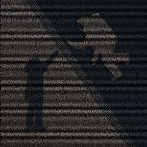 May include: A black and white graphic art print featuring a silhouette of an astronaut and a spacecraft. The image is composed of small text, with the word "INTERSTELLAR" at the bottom. The background is dark.