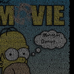 Puede incluir: Una impresión digital de arte amarillo y azul de un personaje de dibujos animados con un globo de diálogo lleno de texto. El texto es una colección de citas del personaje. El personaje es un hombre de dibujos animados amarillo que lleva una camisa azul y una corbata azul. El fondo es negro.