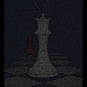 May include: A black and white image of a silhouette of a person holding a wine bottle, composed of text. The text is in a dark blue colour. The background is black.