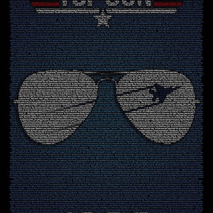 May include: A black poster featuring the text of the movie Top Gun arranged to form the shape of aviator sunglasses. The title Top Gun is printed in red at the top, and the word Maverick is printed in white at the bottom, all against a dark background.