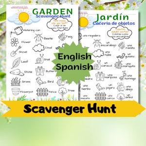 Spanish English Game Bilingual Vocabulary Scavenger Hunt Worksheet for Kids Outdoor Activity Nature Garden Back Yard Instant Download