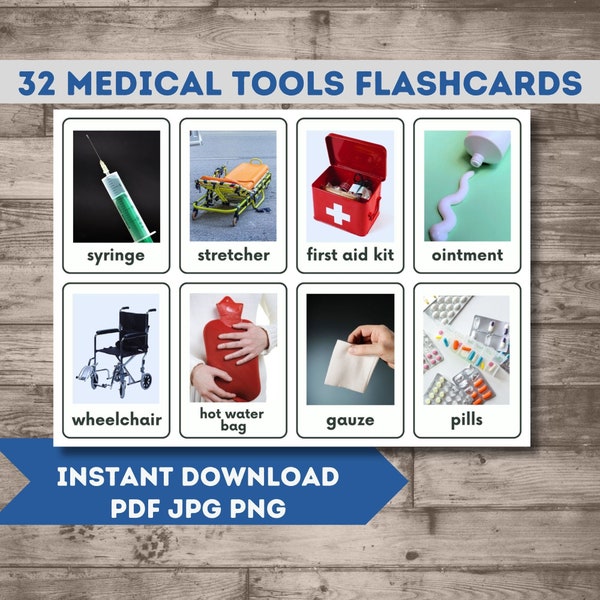Medical Tools Flashcards Printable Health Illness Injury Treatment Equipment Vocabulary Cards Real Picture Instant Download PDF JPG PNG