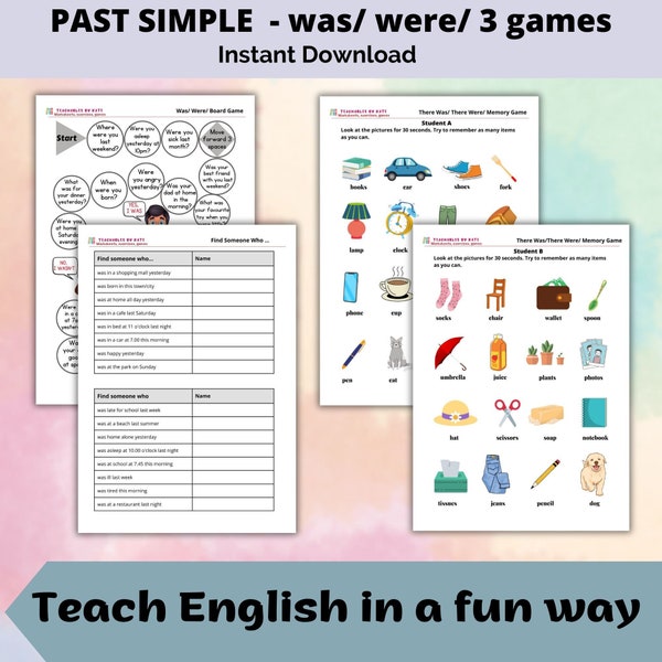Was Were Past Simple Worksheet Past Tense Games Printable Pages ESL Students Speaking English Grammar Activities Instant Download