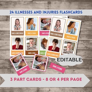 Ziekteblessure Flashcards Ziekte Ziekte Flashkaarten Afdrukbare echte foto's Montessori bewerkbare kaarten Digitale download PDF PNG JPG