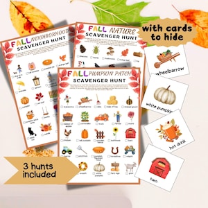 Può includere: Tre schede di caccia al tesoro autunnale stampabili con un elenco di controllo degli oggetti da trovare. Le schede presentano illustrazioni a tema autunnale e il testo "FALL NEIGHBORHOOD SCAVENGER HUNT", "FALL NATURE SCAVENGER HUNT" e "FALL PUMPKIN PATCH SCAVENGER HUNT".