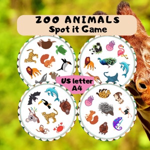Zoo jungle animaux sauvages d'Afrique à la recherche Repérez le jeu de cartes style Dobble pour enfants Associez le jeu Trouvez des paires Jeu éducatif éducatif à télécharger
