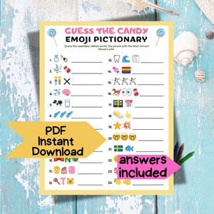 Puede incluir: Un juego imprimible "Adivina el diccionario de emojis de dulces" con un borde amarillo. El juego incluye pistas de emojis numeradas y espacios en blanco para las respuestas. El texto en la imagen incluye "Descarga instantánea PDF" y "Respuestas incluidas".