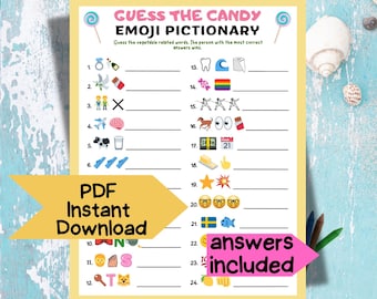 May include: A printable "Guess the Candy Emoji Pictionary" game with a yellow border. The game includes numbered emoji clues and blank spaces for answers. Text on the image includes "PDF Instant Download" and "Answers Included".
