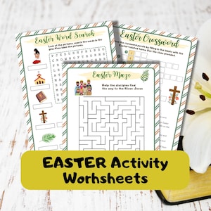 May include: A set of three printable Easter activity worksheets featuring a word search, crossword puzzle, and maze. The worksheets are decorated with a green and white striped pattern and feature images of a cross, a church, a bible, and a palm branch.