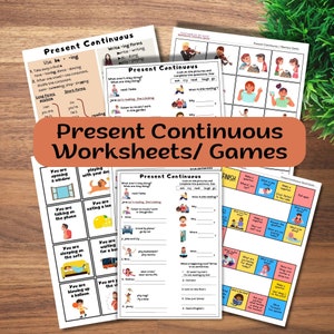 May include: A set of printable worksheets and games for teaching the present continuous tense in English. The worksheets feature colorful illustrations and engaging activities, such as matching pictures to sentences, completing sentences, and answering true or false questions. The games include a memory game, a board game, and a bingo game.