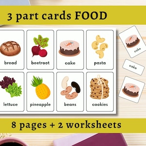 Voedselflitskaarten Afdrukbaar PDF-werkblad Woordenschatspellen Montessori Groenten Fruit Verschillende voedselkaarten Driedelige kaarten Digitale download