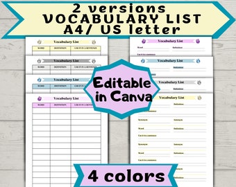 Vocabulary List Template Editable Worksheet Language Study Notebook Template Teacher's planner Student PlannerFillable Printable PDF