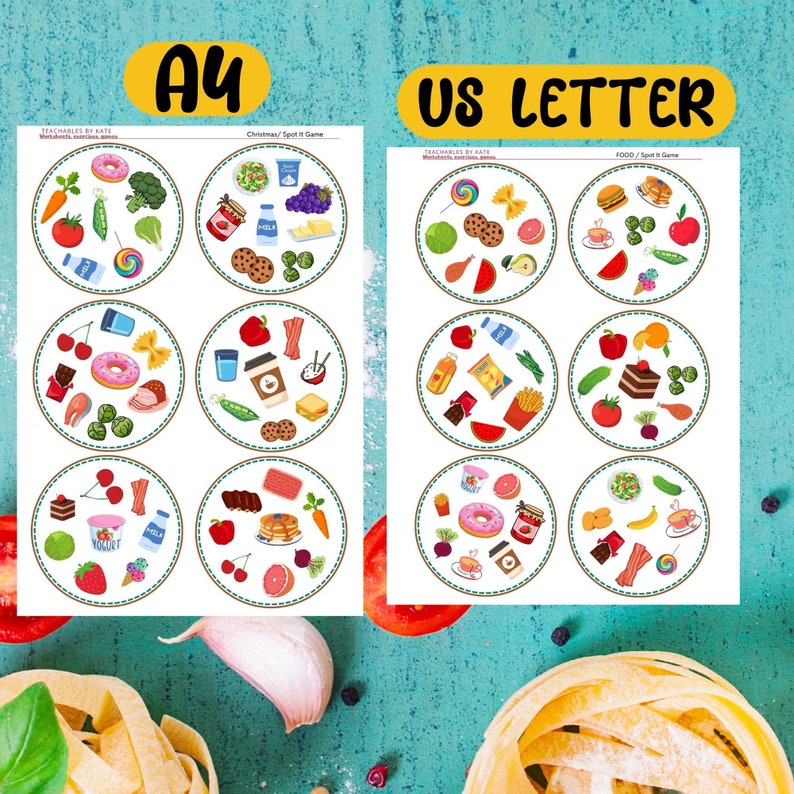 Food Spot It Seek It Card Game Vocabulary Matching Game Family Printable Instant Download Educational Game for Kids Dobble Style Pdf File image 3