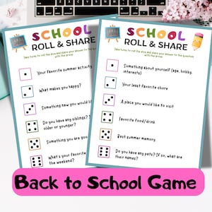 Peut inclure: Deux cartes de jeu imprimables avec le titre "School Roll & Share" et des instructions pour jouer à tour de rôle en lançant un dé et en partageant les réponses aux questions. Les questions portent sur les activités estivales, les passe-temps et les préférences personnelles. Les cartes sont conçues pour un jeu de rentrée scolaire.