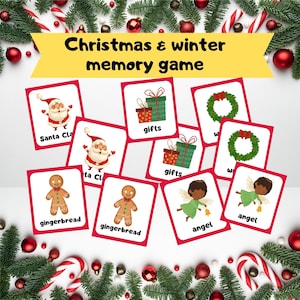 Jogo de memória de inverno de Natal para crianças, atividade de correspondência de imagens e palavras, jogos de Natal para impressão, cartões de atividade para crianças em idade pré-escolar