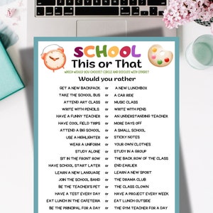Schule Dies oder das druckbare Klassenzimmer Spiel Eisbrecher Fragen würden Sie lieber Diskussion Gruppenaktivität Arbeitsblatt Quiz Bindung für Kinder