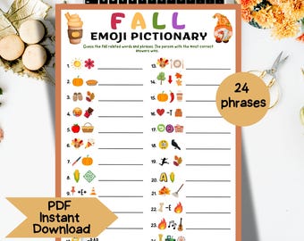 Fall Autumn Emoji Pictionary Game Picture Puzzle Word Quiz Worksheets Activity for Kids Back To School Party Teacher Homeschool Resource