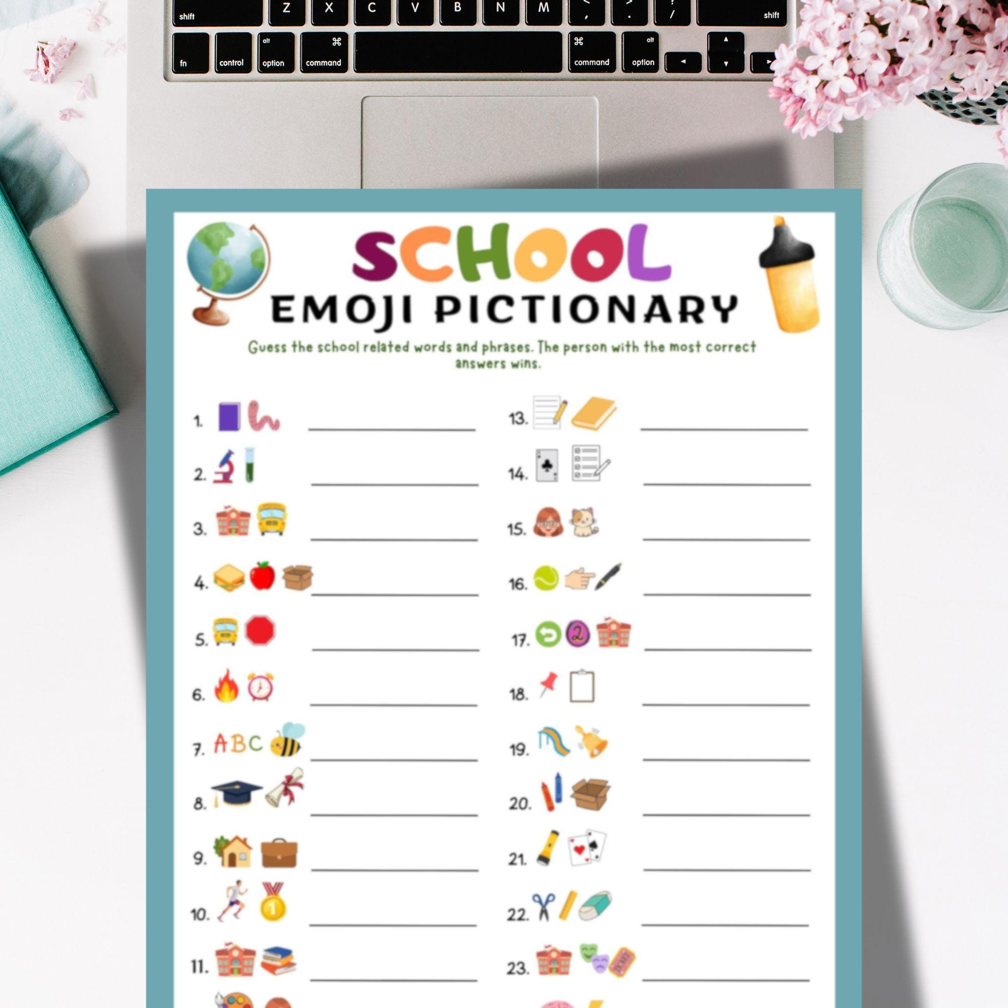 Emoji Pictionary Back to School Game 24 Printable Clues Fun Classroom Activity PDF download Kids Party Game Fall Teacher Homeschool Resource