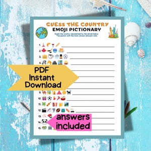 May include: A white printable game sheet titled "Guess the Country Emoji Pictionary". The game features numbered lines with emoji clues. Text on the sheet includes "PDF Instant Download" and "answers included".