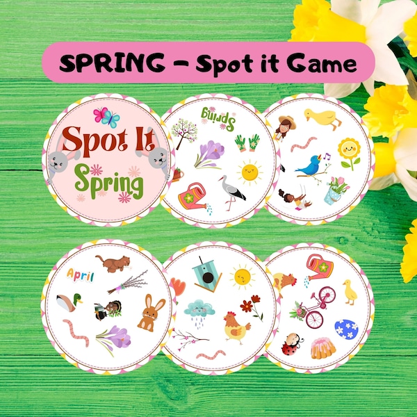 Spring Themed Vocabulary Game Worksheets Spot it Seek It Matching Pictures Find Pairs Dobble Cards Instant Download Ready to Print PDF