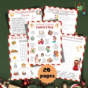Puede incluir: Un conjunto de 20 páginas de actividades navideñas. Incluye un juego de preguntas, un crucigrama, un juego de palabras y actividades centradas en una Navidad centrada en Cristo. Las páginas presentan ilustraciones y bordes festivos.