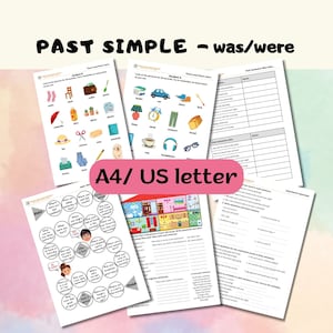 May include: A set of printable worksheets for teaching English grammar. The worksheets feature colorful illustrations and focus on the past simple tense using the verbs "was" and "were".