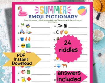 Summer Emoji Pictionary Summer Party Game Printable Games for Kids Summer Camp Activity Road Trip Printable Digital Teens Classroom Game