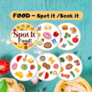 Food Spot It Seek It Card Game Vocabulary Matching Game Family Printable Instant Download Educational Game for Kids Dobble Style Pdf File image 1