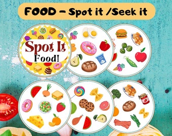 Food Spot It Seek It Card Game Vocabulary Matching Game Family Printable Instant Download Educational Game for Kids Dobble Style Pdf File