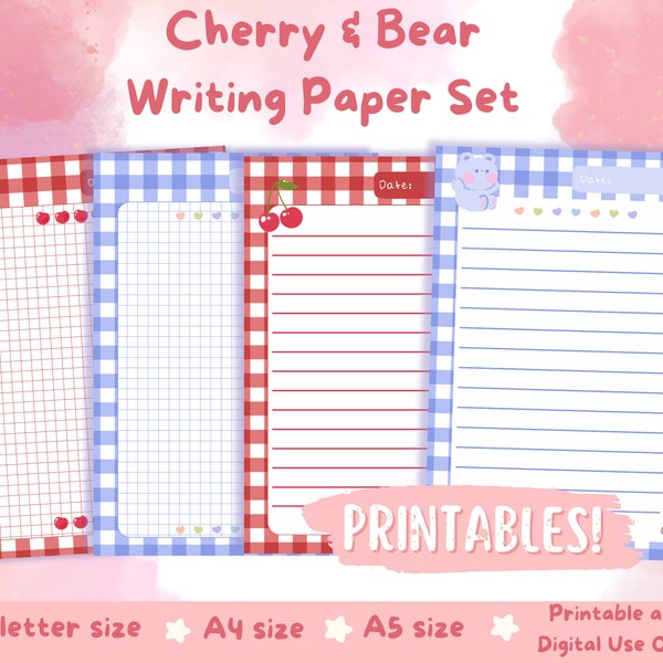 Digital Printable Cute Cherry & Bear Writing Paper Set, Aesthetic Stationery Lined Graph A4 A5 US Letter Page, Decorative Goodnotes Template