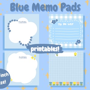 Kawaii Blue Memo Pad, Uroczy papierniczy notatnik do wydrukowania, Codzienny notatnik w linie, Uroczy samoprzylepny notatnik do listy rzeczy do zrobienia, Szablon listy kontrolnej do pobrania