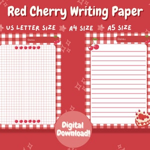 Może przedstawiać: Drukowany papier do pisania w kratkę w kolorze czerwonym i białym z motywem wiśni i ciasta. Papier jest dostępny w rozmiarach US Letter, A4 i A5. Tekst "Data:" znajduje się na górze każdej strony.