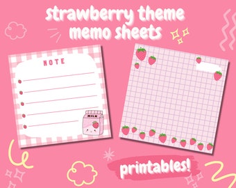 Strawberry Pink Daily Notepad, Cute Printable Memo Pad, Kawaii Lined Memopads, To-Do List Memo Sheets, Cute Pink Sticky Notes, PDF