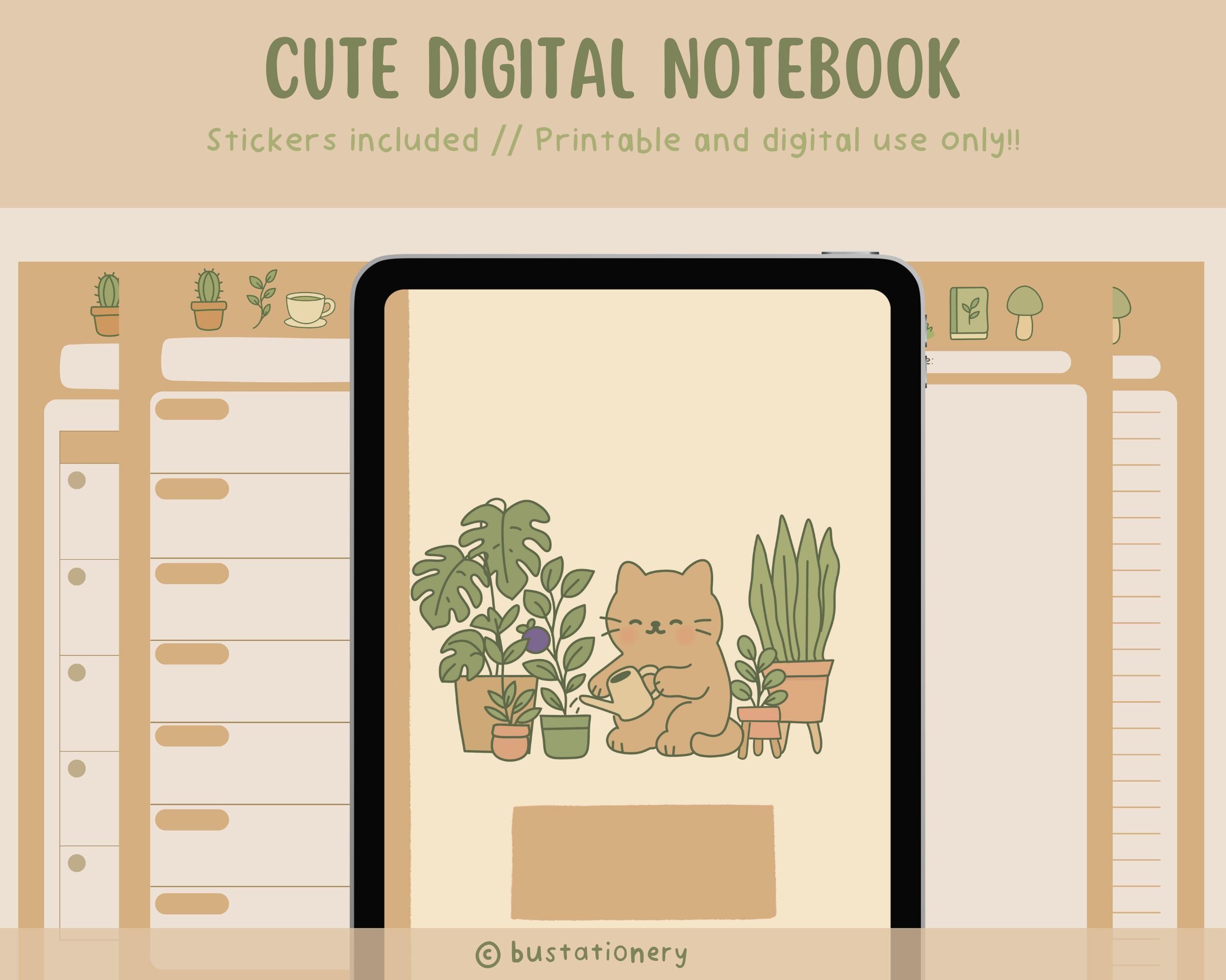 Botanical Kawaii Forest Cat Digital Notebook, Cozy Minimalist Goodnotes Journal, Printable Notability Notes, Undated Study Planner