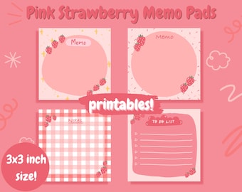Strawberry Pink Kawaii Memo Pad, Cute Printable Daily Memo Sheets, To Do List Notepad, Digital Download Cute Stationery, Planner Template