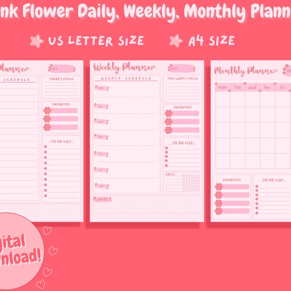 Pink Daily Weekly Monthly Planner Set, Cute Printable Stationery Inserts, Kawaii Digital Download Notepad, 2024 Yearly Productivity Template