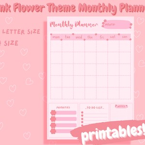 Pink Floral Printable Monthly Planner Inserts, Digital Download Student To Do List Notepad, Easy Print Cute Academic 2024 Monthly Agenda