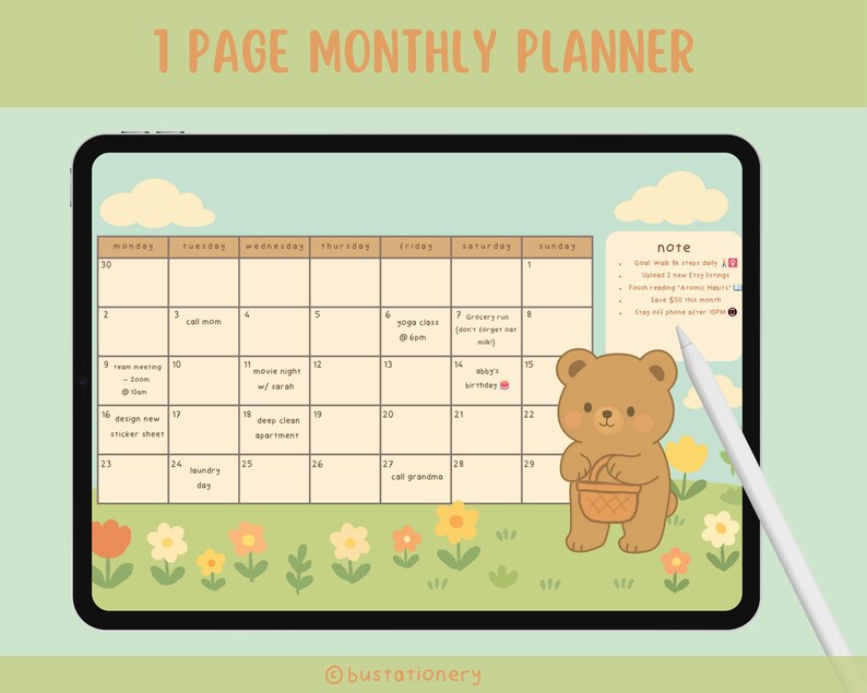Cute Spring Floral Bear Monthly Planner, Undated Pastel Calendar Page ...