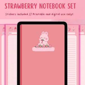 Planificador digital de fresas, plantillas de Goodnotes Notability, diario de notas estético, pegatinas rosas kawaii descargables