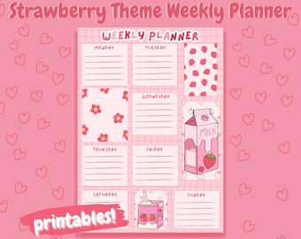 Strawberry Weekly Planner, Digital Productivity Week Calendar, Printable Kawaii Stationery, Downloadable Notepad, Cute Digital Print Agenda