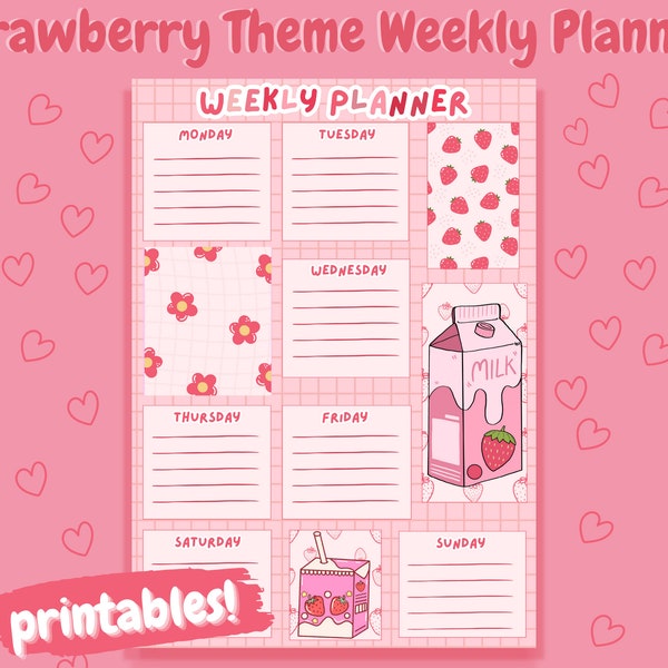 Strawberry Weekly Planner, Digital Productivity Week Calendar, Printable Kawaii Stationery, Downloadable Notepad, Cute Digital Print Agenda