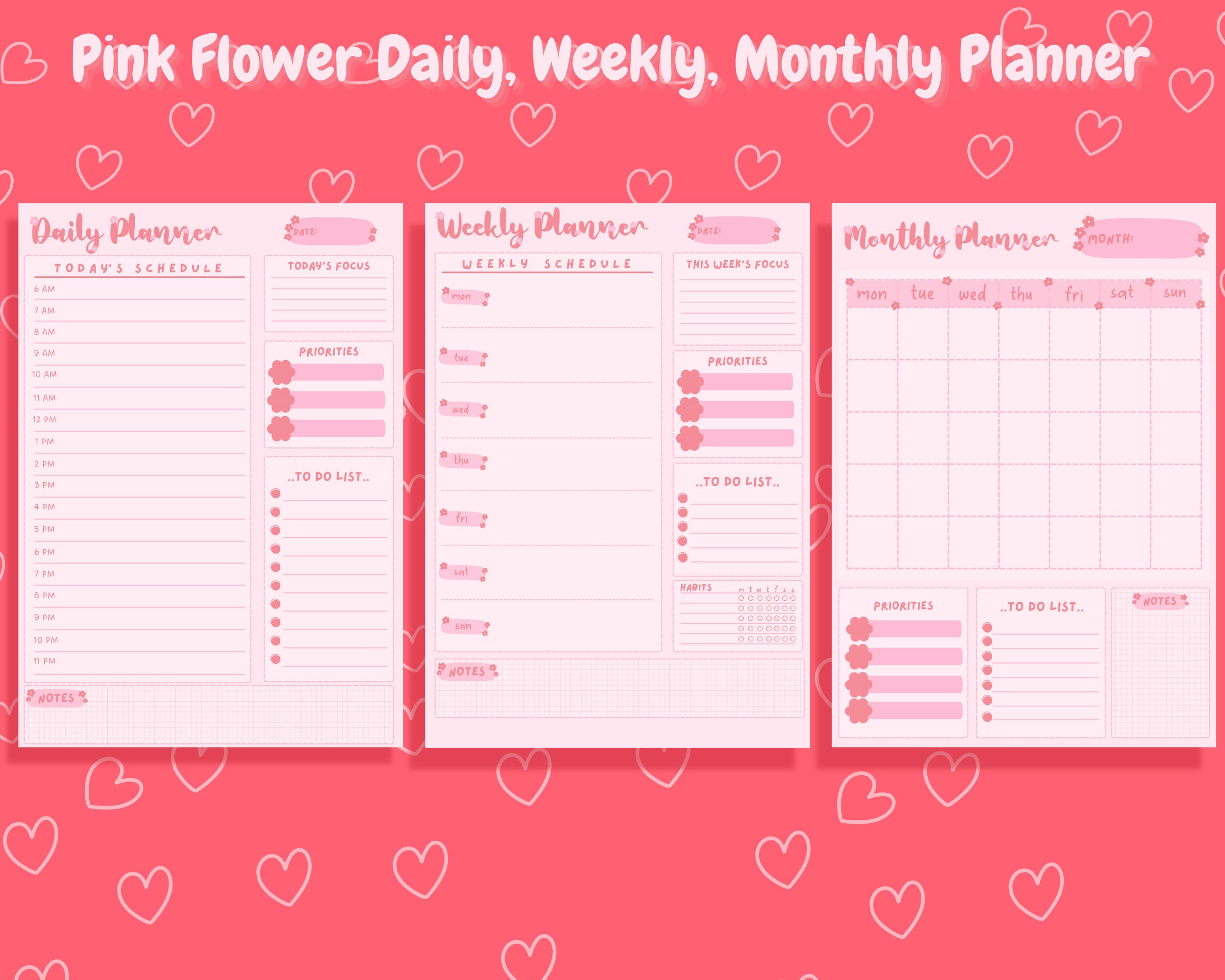 Pink Daily Weekly Monthly Planner Set, Cute Printable Stationery ...