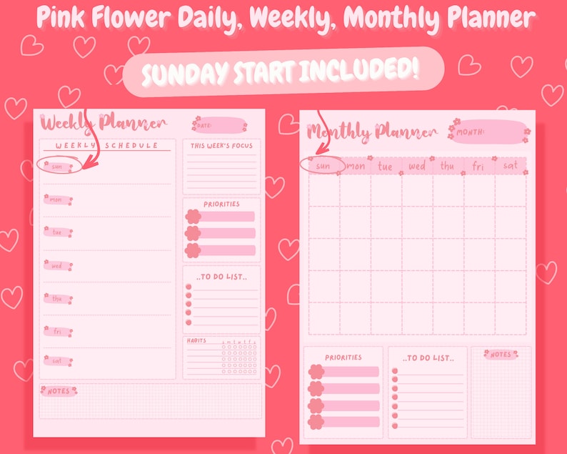 Pink Daily Weekly Monthly Planner Set, Cute Printable Stationery ...