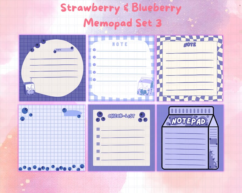Cute Strawberry Blueberry Printable Memo Pad Set, Kawaii Digital ...