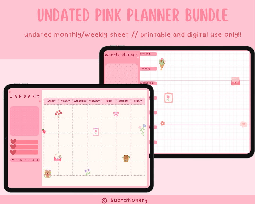 Portrait Cute Pink Pastel Monthly and Weekly Planner Set, Kawaii ...