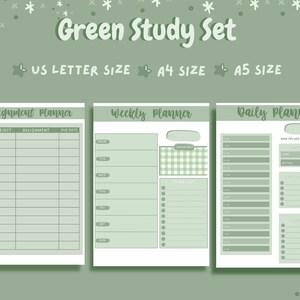May include: A set of three printable planners in green and white. The planners are labeled "Assignment Planner", "Weekly Planner", and "Daily Planner".