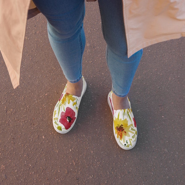 Summer Flowers Women’s Slip-On Canvas Shoes, Summer Flowers Canvas Shoes, Floral White Canvas Slip-on Shoes, Ladies Floral Canvas Shoes